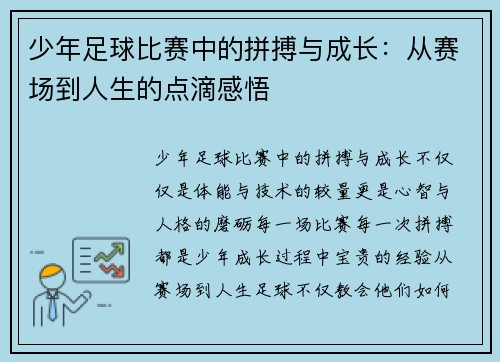 少年足球比赛中的拼搏与成长：从赛场到人生的点滴感悟
