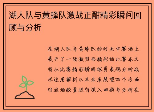 湖人队与黄蜂队激战正酣精彩瞬间回顾与分析