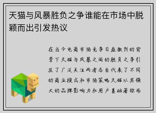天猫与风暴胜负之争谁能在市场中脱颖而出引发热议