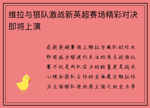 维拉与狼队激战新英超赛场精彩对决即将上演