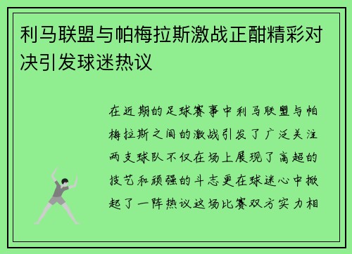 利马联盟与帕梅拉斯激战正酣精彩对决引发球迷热议