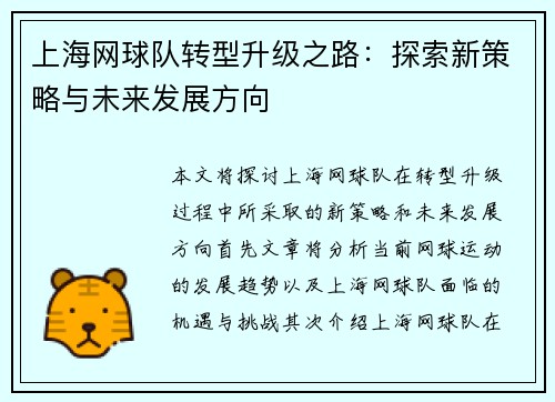 上海网球队转型升级之路：探索新策略与未来发展方向
