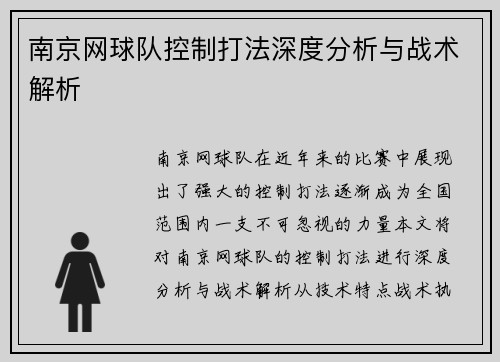 南京网球队控制打法深度分析与战术解析