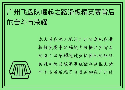 广州飞盘队崛起之路滑板精英赛背后的奋斗与荣耀